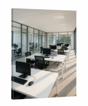 Modern Office Interior: A bright, contemporary office space filled with rows of minimalist desks and state-of-the-art computers, creating an atmosphere of productivity and collaboration.