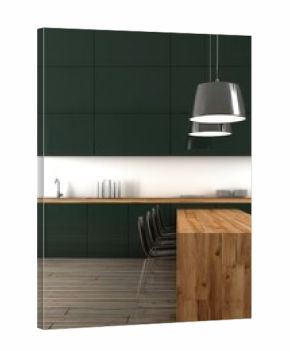 Modern kitchen interior design featuring dark green cabinets and a wooden island with pendant lights