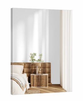 Isolated PNG bedside table with brown padded headboard and decorative vase on transparent background with shadow, close up view