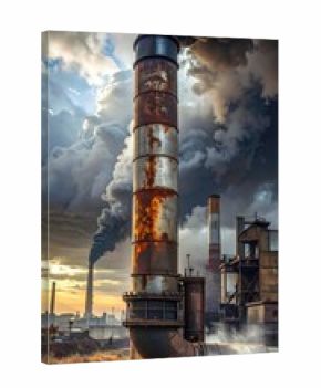 Industrial pollution with smoke stacks and dark clouds at sunset