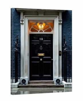 10 Downing Street during heavy London rainfall. Rainy prime minister residence with reflections on wet pavement.