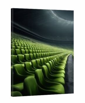 Empty stadium filled with bright green seats during evening event preparation