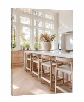 Modern kitchen with wooden bar stools and large windows illuminating autumn landscape