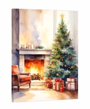 Minimalist cozy fireplace at home with Christmas tree in the background, watercolor illustration