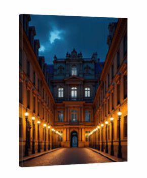 Sorbonne University's magnificent illuminated facade at night. Illuminated Sorbonne facade in night Paris.