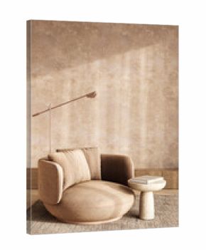 Modern boho scandinavian living space with comfortable armchair and unique floor lamp, 3d rendering