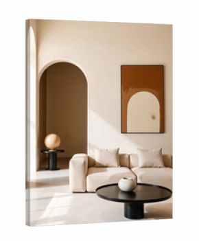 Grunge old accent coffee table near white sofa against arched window and white wall with big art poster frame