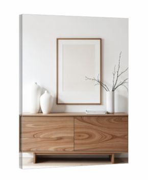 Blank vertical wooden picture frame mockup on a rustic cabinet for home decor display.