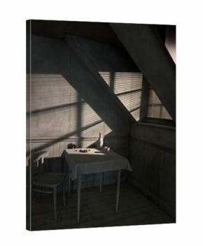 Wassenaar, Netherlands - April 24, 2025: Installation of attic with table and chair at Voorlinden museum