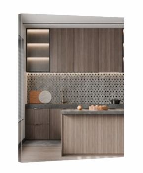 Modern minimalist open kitchen with wooden cabinet, hexagon tile backsplash, and a sleek kitchen island – 3d Render