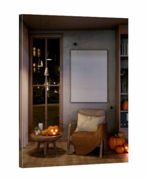 A chair under blank frame with spider web and carved jack-o-lantern pumpkin halloween props on floor