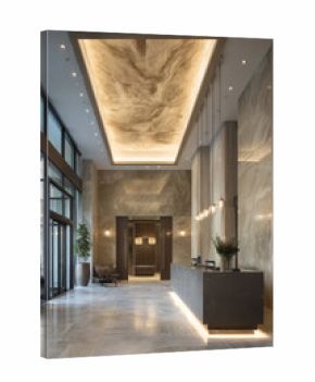 A condominium tower lobby with concierge service Residents check in at the elegant desk The mood feels polished and professional