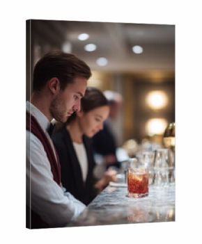 Elegant couple at a bar. A refined atmosphere with a crafted drink. Represents sophistication, nightlife, and social gatherings. Suited for lifestyle and luxury themes.
