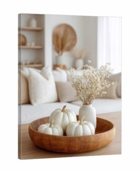 White pumpkins and striped vase with dried florals on woven tray in cozy room. Minimalist fall home decor with neutral color palette, small white pumpkins