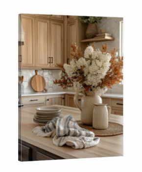 Farmhouse kitchen, natural oak wood cabinets, autumn floral arrangement with hydrangeas golden foliage cream ceramic pitcher.