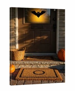 Halloween-Themed Door Decor: A detailed shot of an inviting entryway decked out for Halloween, featuring a charming bat silhouette in the window, seasonal welcome mats, and cheerful pumpkins.