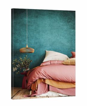 Contemporary bedroom design. Colorful bed on vibrant teal wall background with copy space. 3D Rendering, 3D Illustration