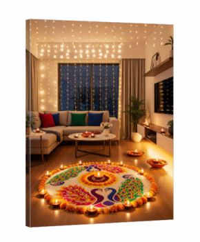 Modern living room decorated for Diwali with hanging fairy lights, rangoli design on the floor and lit diya lamps