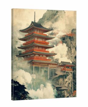 Traditional Japanese pagoda temple in a dramatic mountain and ocean landscape, illustrated in ukiyo-e woodblock style.