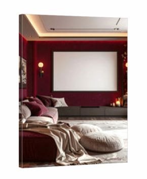 Stylish modern interiors in deep burgundy tones with velvet accents, marble details, and warm ambient lighting. Cozy and elegant spaces