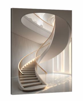 Elegant spiral staircase with wooden handrail illuminated by soft natural light inside modern minimalist interior architecture illustration perfect for luxury real estate and design visuals