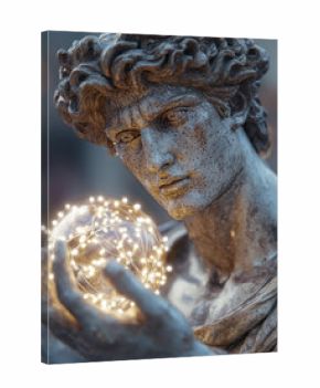 David statue holds a glowing orb illuminated against a soft background in a serene setting