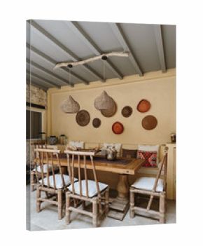 Charming Outdoor Dining Area with Rustic Rattan Chairs and Warm Lighting, Cozy Mediterranean Patio Vibes