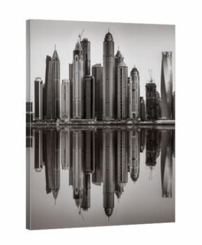 Skyscrapers and Urban city skyline over water, black and white style, city background, Dubai Marina bay UAE