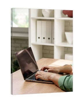 Working on a laptop at a wooden desk in a bright room with decorative shelves