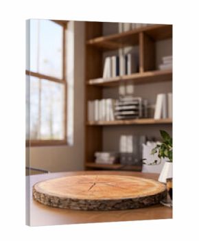 Round tree stump coaster with coffee and pot plant on wooden table across display shelf and window.
