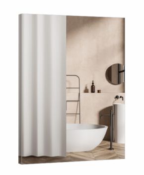 Modern bathroom interior showing a freestanding white bathtub, round basin, and curtain in minimalist design style, with soft lighting and beige wall background. 3D Rendering