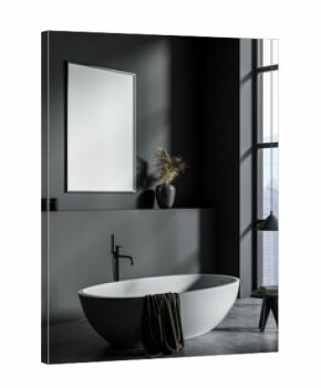 Stylish bathroom interior with oval bathtub, modern fixtures, and city view through tall window in a minimalist design concept. 3D Rendering