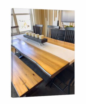 Top view of long wood table with decorative centerpiece