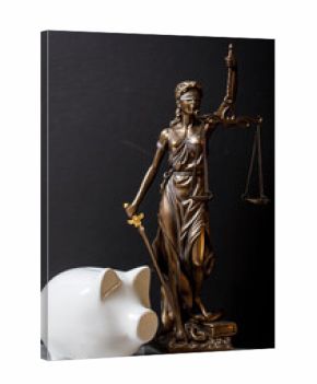 Lady Justice statue with scales and sword next to a white piggy bank, symbolizing financial law, fairness, savings and justice. Perfect for lega