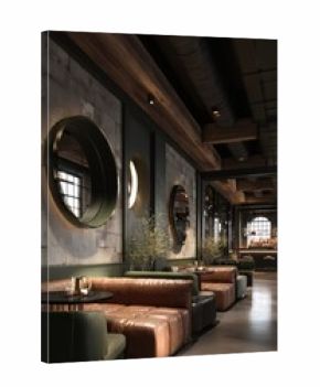 Modern Lounge Setting With Circular Windows and Cozy Seating in an Upscale Cafe