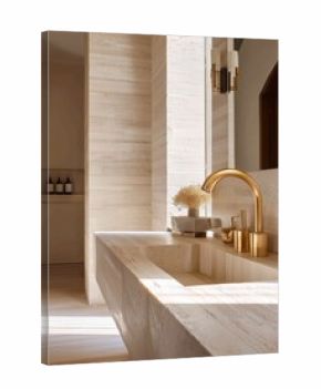 Elegant Bathroom Design Featuring a Golden Faucet and Natural Stone Finishes in Soft Natural Light