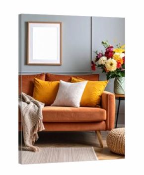 Cozy Living Room Interior with Brown Sofa and Floral Arrangement.