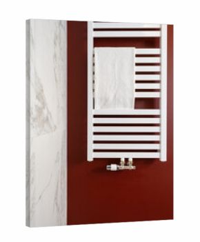 Modern towel heating rail installed in a stylish red bathroom