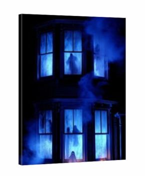 Ghostly Figures Appear in Haunted House Windows at Night With Eerie Blue Lighting