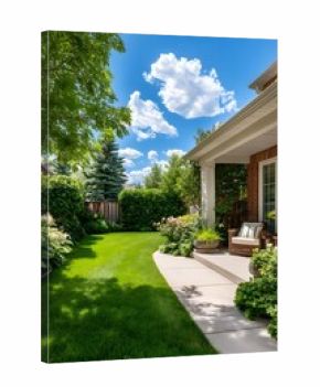 Pristine suburban backyard on a sunny day, featuring a manicured green lawn, concrete patio by a brick house, and a privacy hedge and fence.