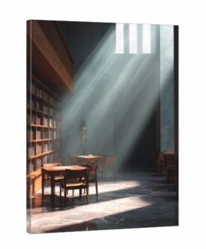 Library interior with sunlight streaming through windows symbolizing knowledge, peace, and focus.