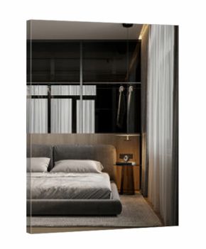 Minimalist bedroom with soft ambient lighting, modern furniture and wood-paneled wall.