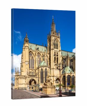 Metz, France - September 5, 2025: Southern facade of Saint Stephen cathedral of gothic style, achieved in 1552 and listed historical monument since 1930, seen from the Place d'Armes square.