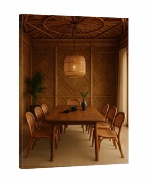 Rustic, Intricate Bamboo Woven Dining Room with Dark Wood Table, Rattan Chairs, and Unique Dome Ceiling
