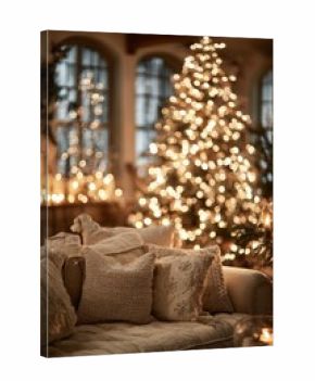 Warm holiday atmosphere in a cozy living room with a beautifully lit Christmas tree and soft cushions
