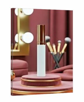 Luxury blank eyebrow gel tube mockup on a velvet podium in a glamorous, high-fashion backstage setting