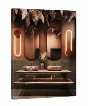 Contemporary bathroom interior design with green tiles and terracotta walls. Modern bathroom. 3D Rendering, 3D Illustration