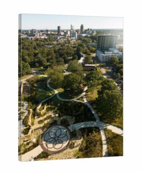 Aerial view of Gipson Play Plaza playground and downtown Raleigh NC skyline in the distance