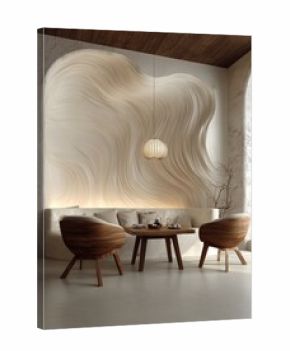 Cozy minimalist dining area with textured wall and natural lighting for modern interior design. 
