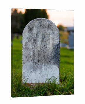 Old marble headstone in a graveyard with biological growth